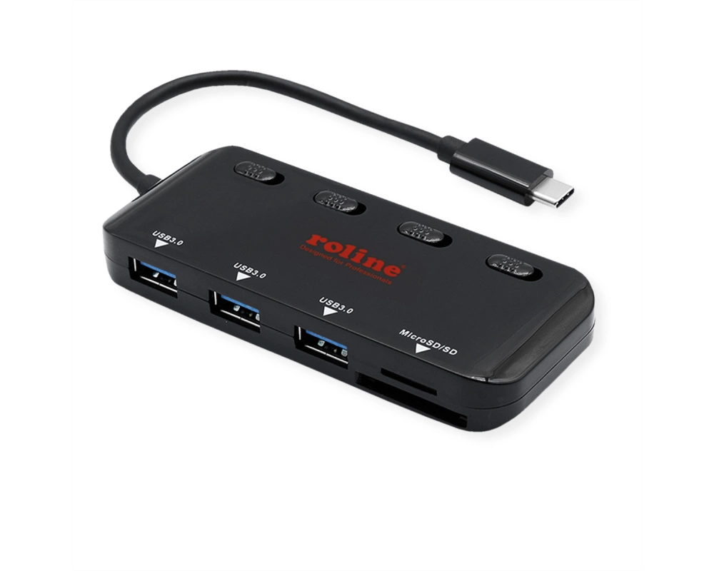 ROLINE USB 3.2 Gen 1 Hub, 3fach, Typ C Anschlusskabel, mit CardReader, Ports einzeln schaltbar