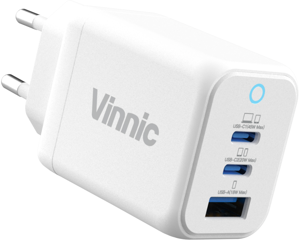 VINNIC FERNOW GaN 45W,Wallcharger VPCG-GA45WG1-EUWH 2x USB C, 1x USB-A, White