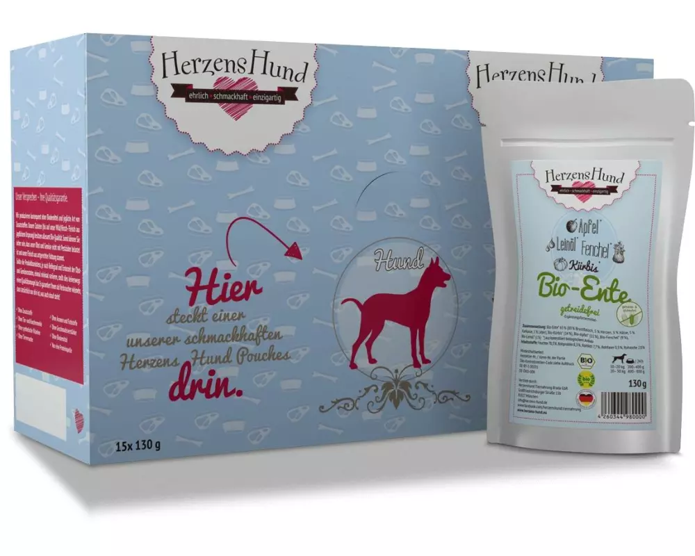 HerzensHund Nassfutter Getreidefrei Bio-Ente mit Bio-Gemüse, 130 g