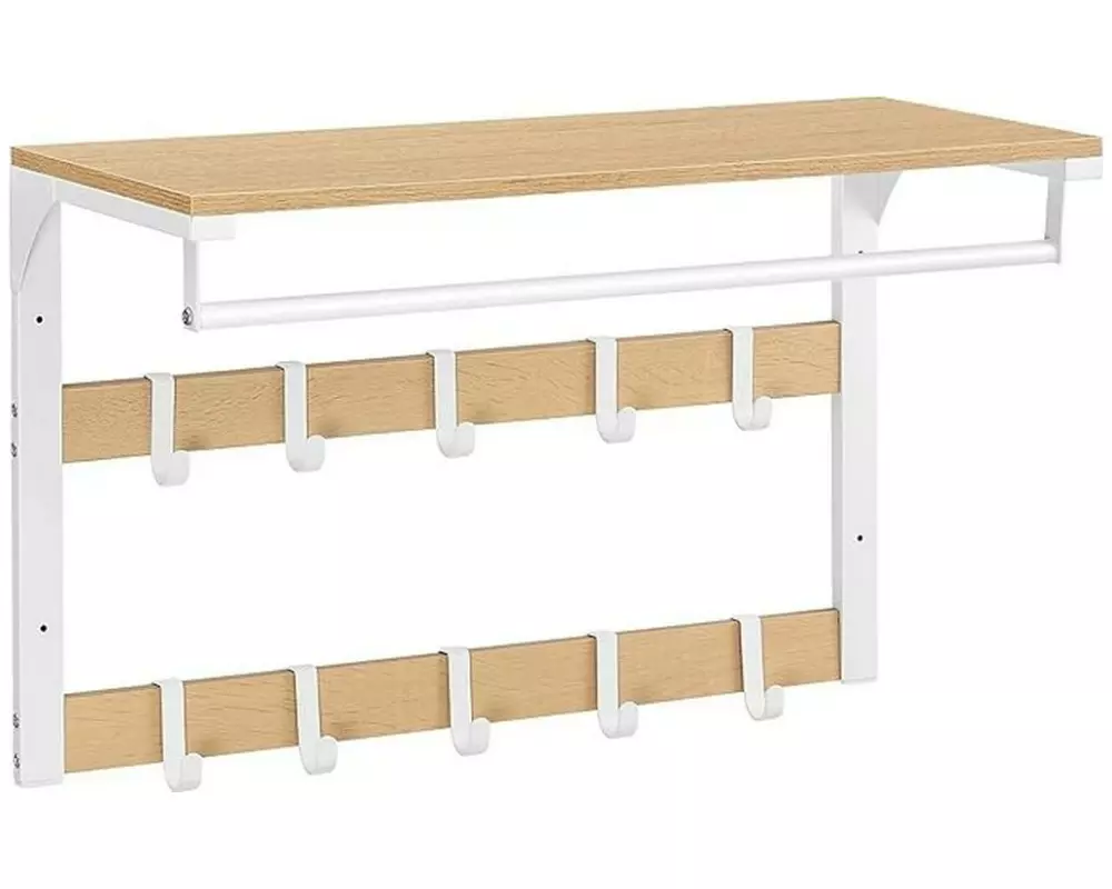 VASAGLE Wandgarderobe mit 10 Haken 65 cm x 42 cm, Weiss/Braun