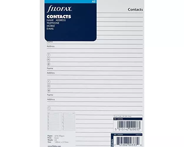 Filofax A5 Name, address, email, telephone, fax, mobile refill