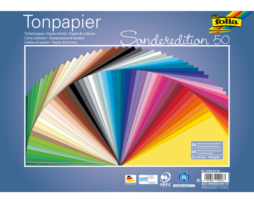 FOLIA Tonzeichenpapier 25x35cm 6725/50 99 130g, assortiert 50 Blatt