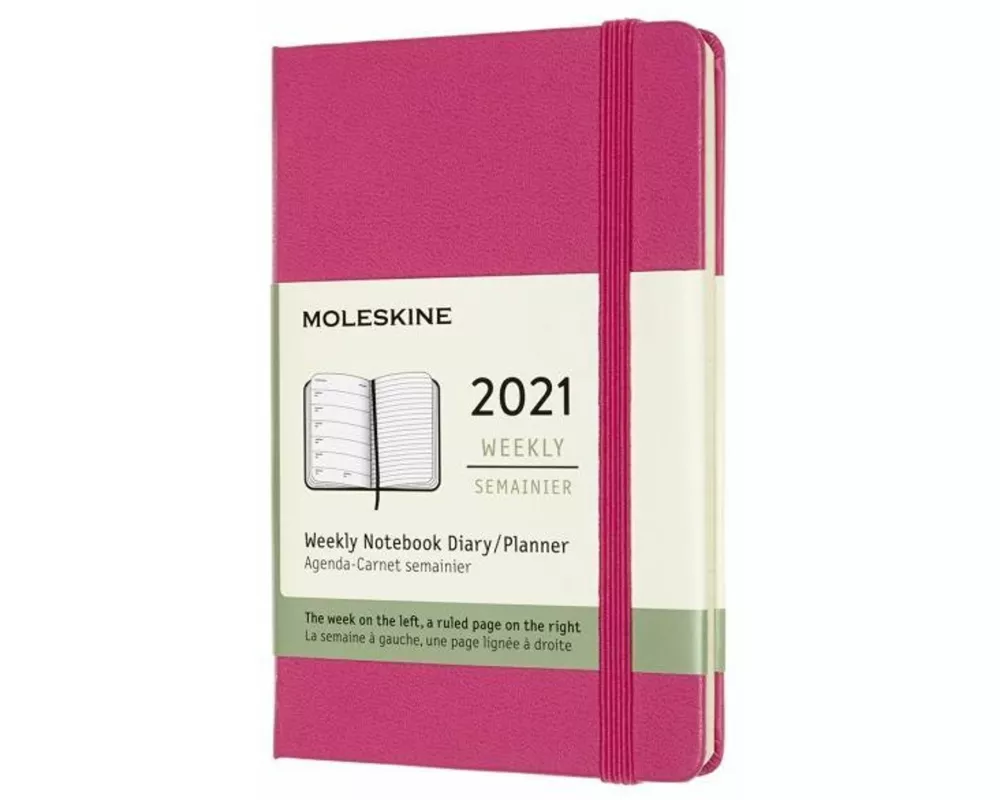 Moleskine 12 Monate Wochen Notizkalender 2021 Pocket/A6, 1 Wo = 1 Seite, rechts linierte Seite, Fester Einband, Bougainville Rosa