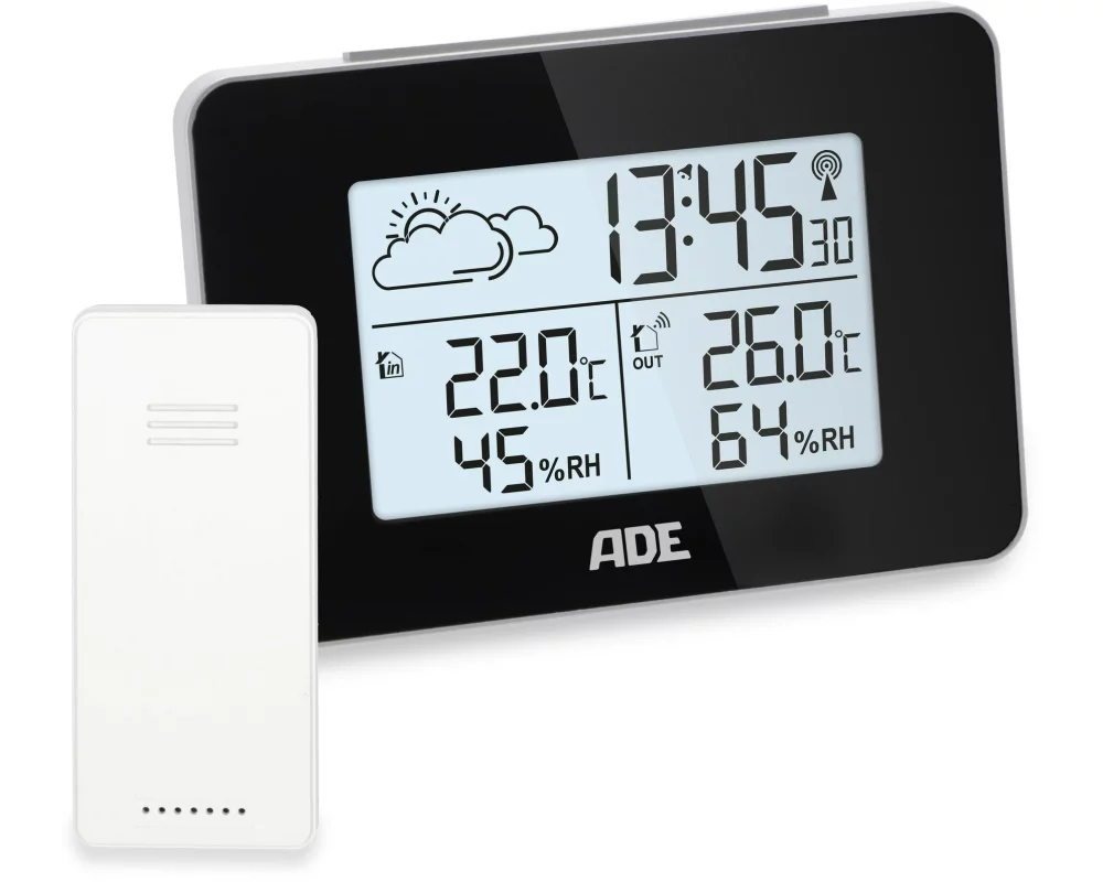 ADE Wetterstation mit Funk-Aussensensor mit DCF-Funkuhr, Schwarz