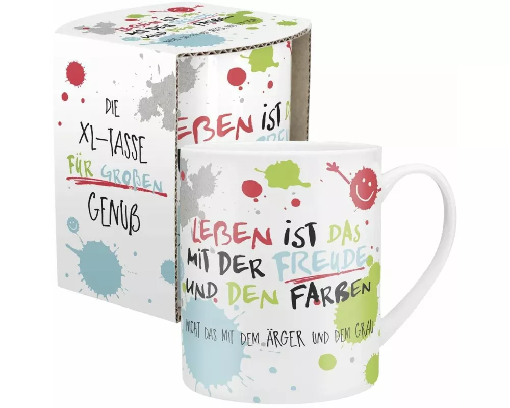 Happy Life 45358 XL Tasse mit Motivdruck: "Leben ist das mit der Freude und den Farben. Nicht das mit dem Ärger und dem Grau", mit Geschenkbanderole