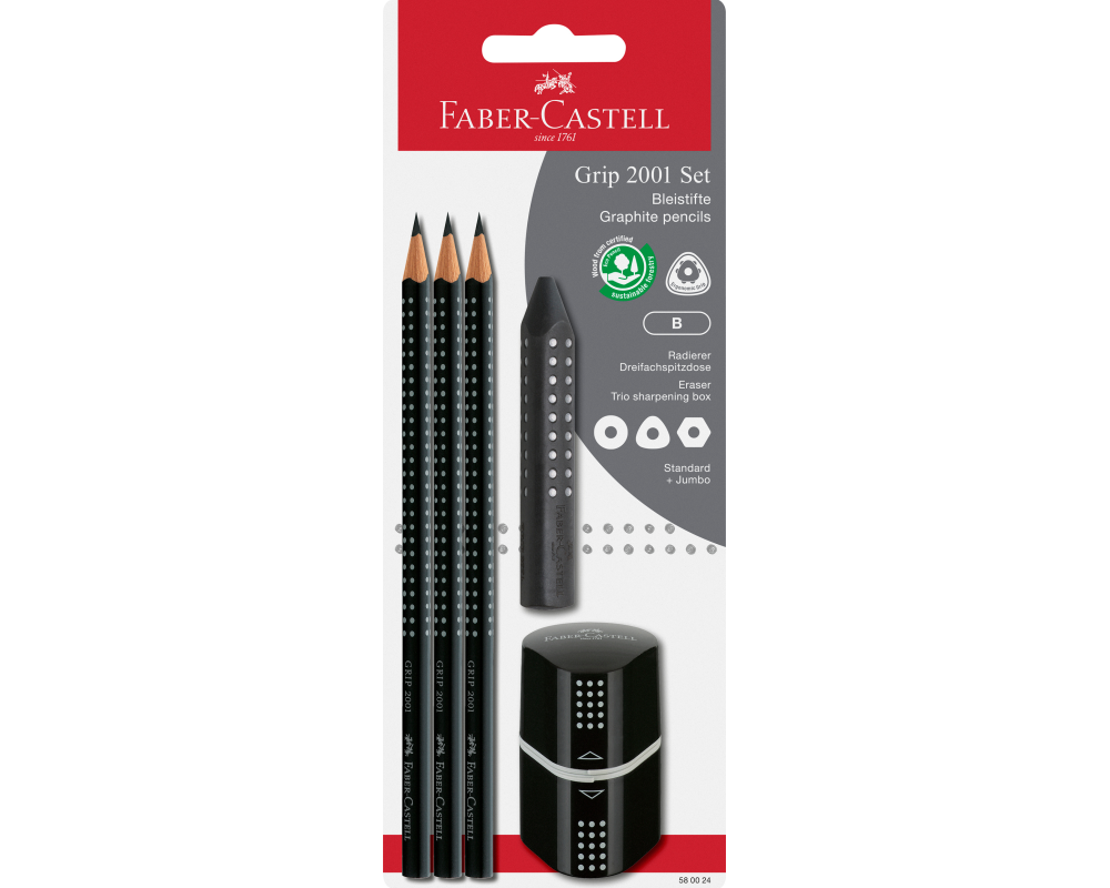 FABER-CASTELL Bleistift, Radierer, Spitzer B 580024 Grip Set 2001, schwarz