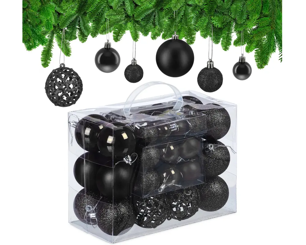relaxdays Weihnachtskugeln im 50er-Set Schwarz-Silber Schwarz/Silber