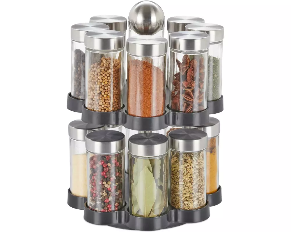 relaxdays Gewürzkarussell 16er Set Schwarz/Silber/Transparent