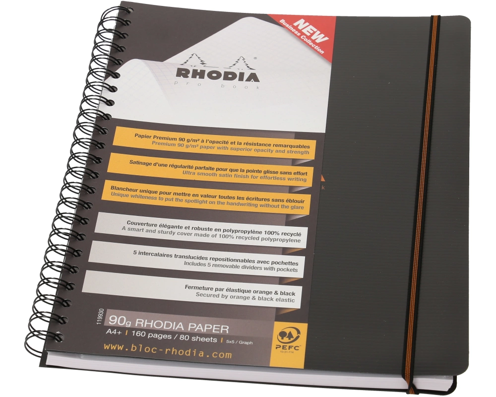 RHODIA Office Pro Book, 5 Register A4 119930C PP schwarz, kariert 160 Seiten