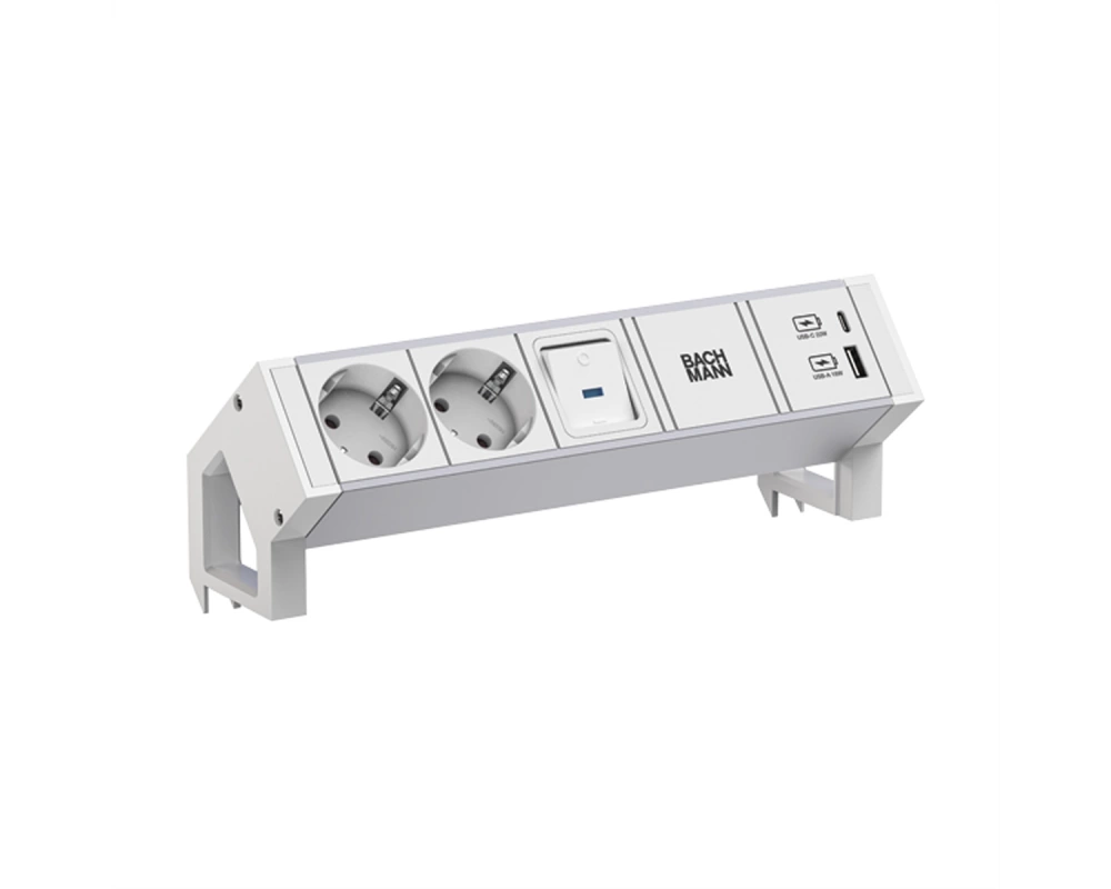 BACHMANN DESK2 ALU WHITE 2xCEE7/3 1xSchalter 1xUSB A/C 22W 0,2m