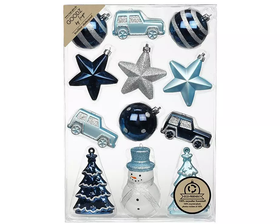 INGES CHRISTMAS DECOR Weihnachtskugel Formensortiment 12 Stück, Blau/Silber/Weiss