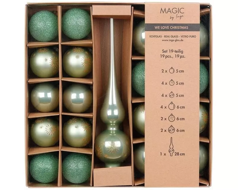 INGES CHRISTMAS DECOR Weihnachtskugel mit Spitze 19 Stück, Gold/Grün