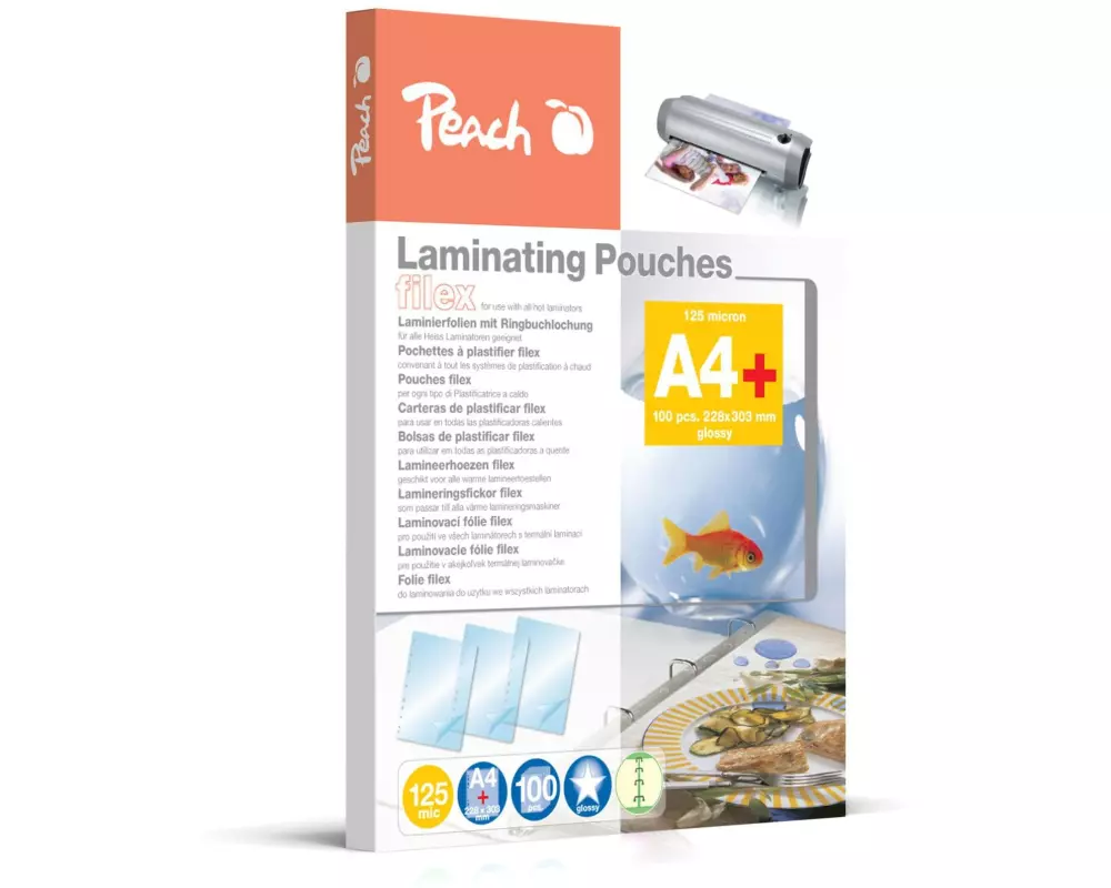 Peach Laminierfolie A4, 125 µm, 100 Stück, Glänzend, Abheftlochung