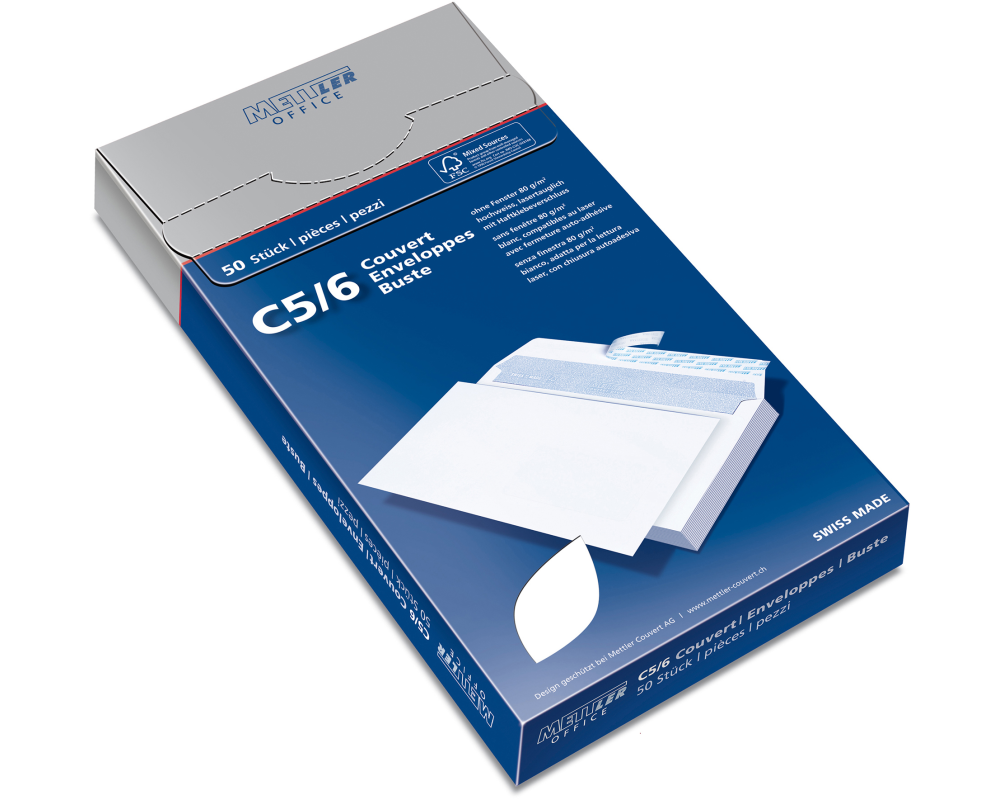 METTLER Couvert ohne Fenster C5/6 7066-80-S50 80g,hochweiss,Kleber 50 Stk.