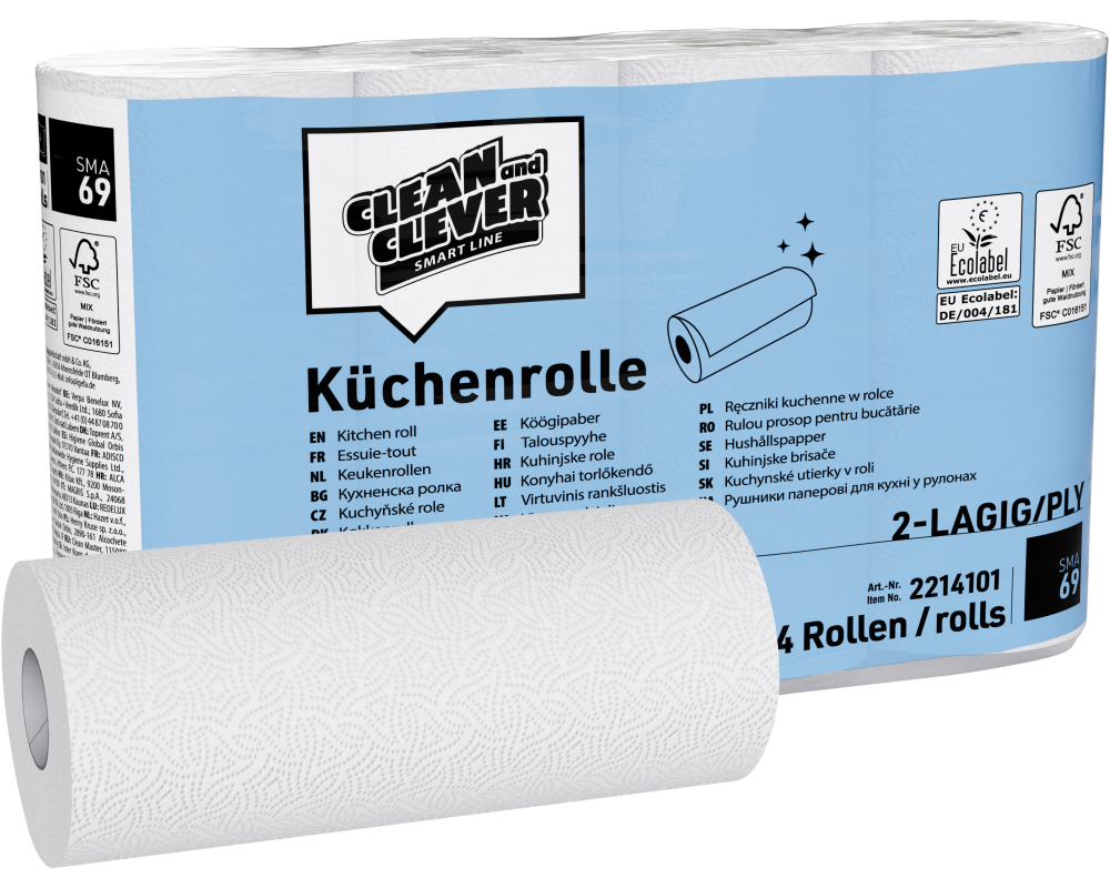 CLEAN AND CLEVER Haushaltrollen 2-lagig 23x22cm 40022 hochweiss 64 Blatt, 32 Rollen