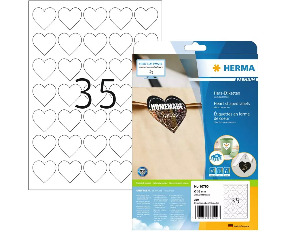 Herma Stickers Motivsticker Herzen Weiss, 10 Blatt mit je 35 Stickern