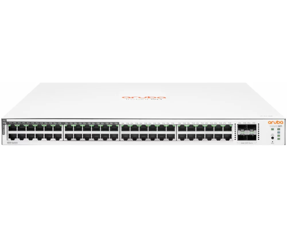 HPE Networking Instant On 1830 Switch, 48G, 4 SFP Ports, 24 PoE C4 370W, 1U, Layer 2, Plug and Play, DOS, Mobile App, Web-Based