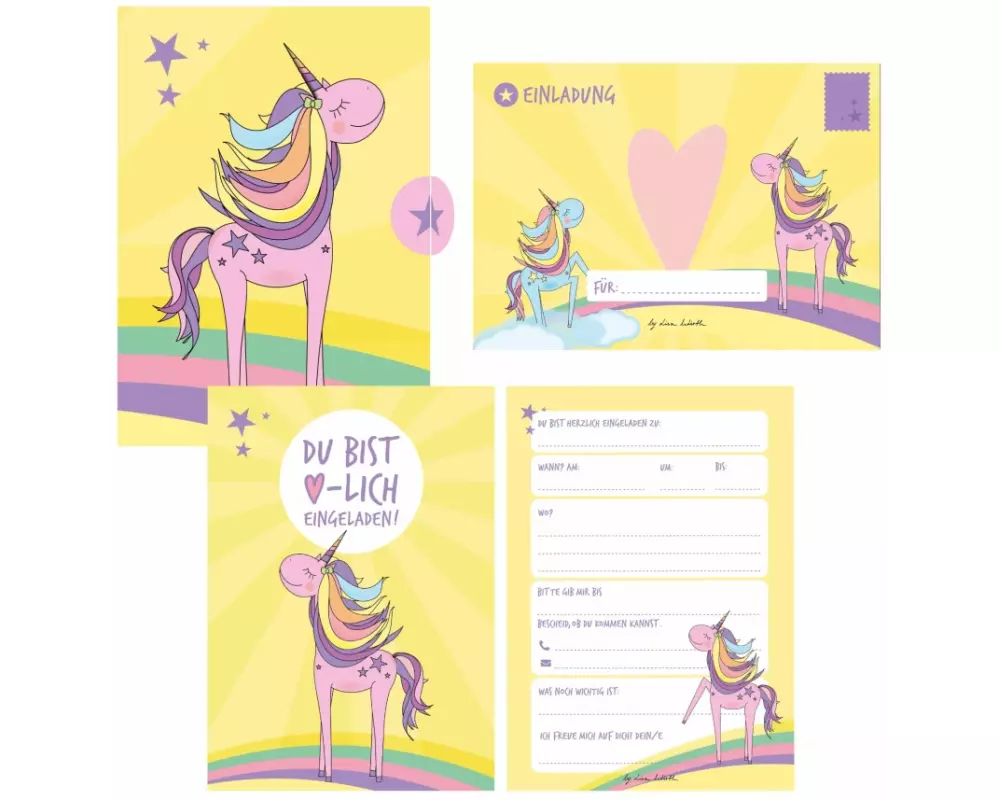 12 Einladungskarten Geburtstag Einhorn (Mädchen). Handgemachte Einladungskarten Kindergeburtstag inkl. 12 liebevollen Hand designten Briefumschlägen