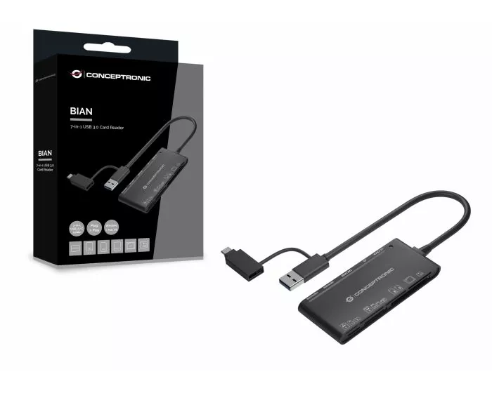 "BIAN03B 7-in-1 Card Reader USB 3.0, SD x 2, TF/MicroSD, MMC, MS, M2, CF, xD"