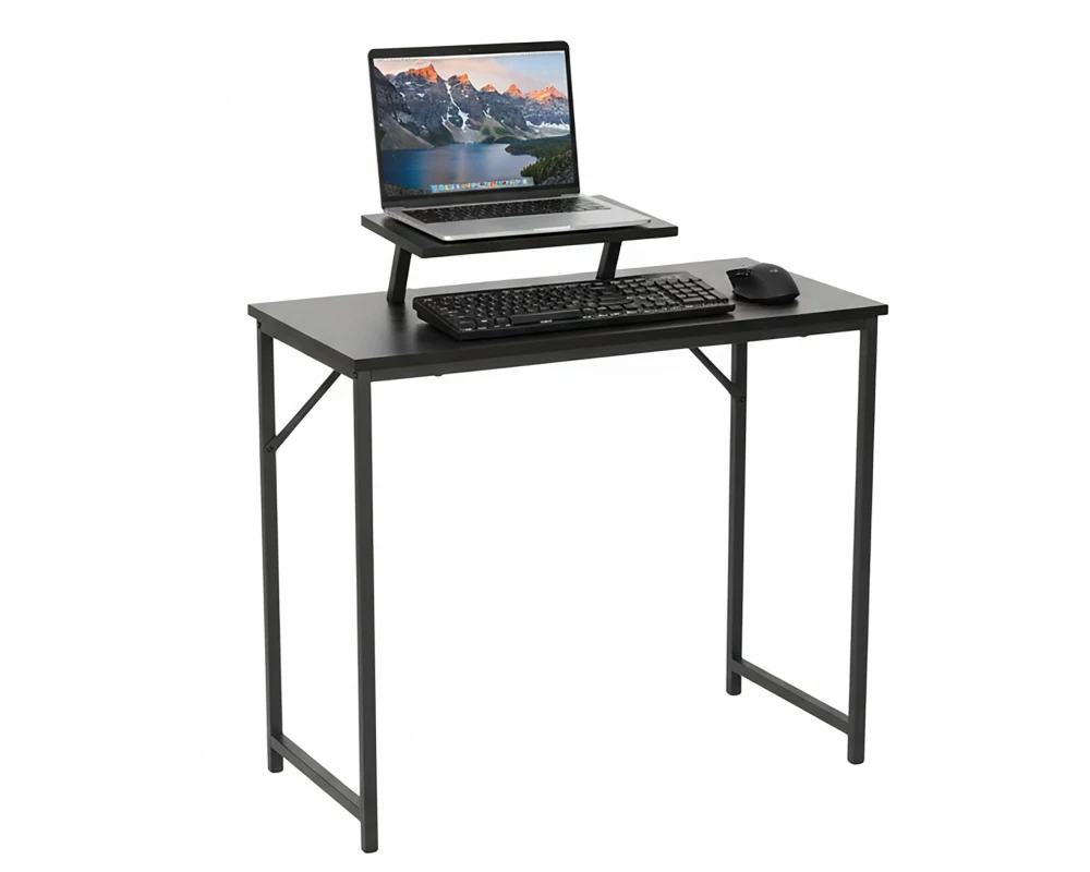 relaxdays Schreibtisch mit Monitoraufsatz Schwarz Schwarz MDF Stahl 75 x 80 x 40 cm