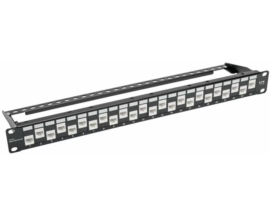 EATON TRIPPLITE 24-Port, 1U Rack-Mount, Cat6a/Cat6/Cat5e, Offset, Feed-Through, Patch Panel, with Cable Management Bar, RJ45, Eth