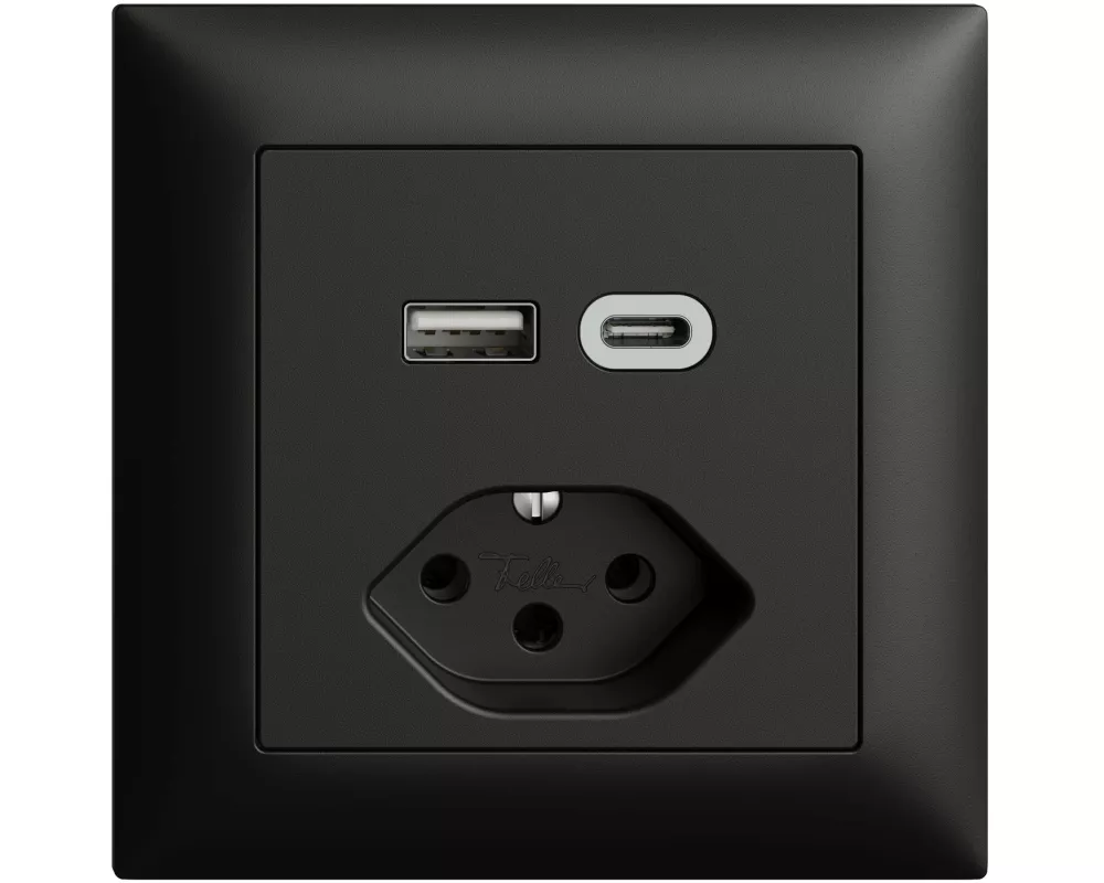 Feller EDIZIOdue Steckdose 1x USB A, 1x USB C 3 A, 15 W, Schwarz