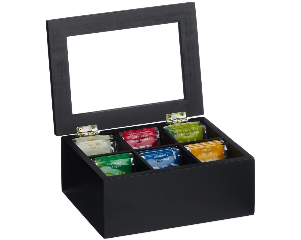 relaxdays Teebeutel-Box 6 Fächer, Schwarz/Transparent