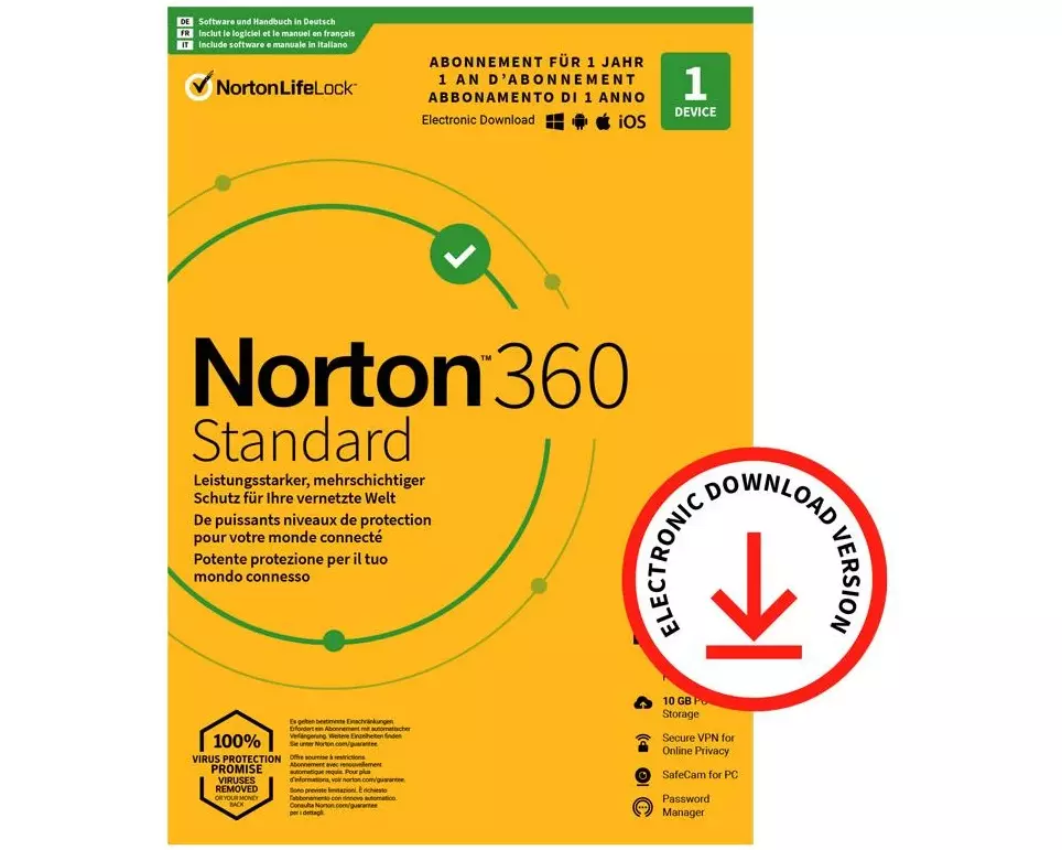 Norton Norton 360 Standard ESD, 1 Dev., 1yr, 10GB Cloud Speicher