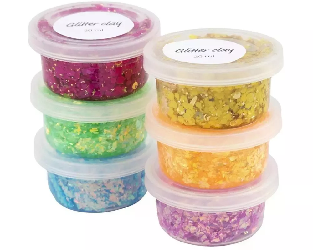 Creativ Company Modelliermasse Glitter Clay 6 x 20 ml, Sortierte Farben