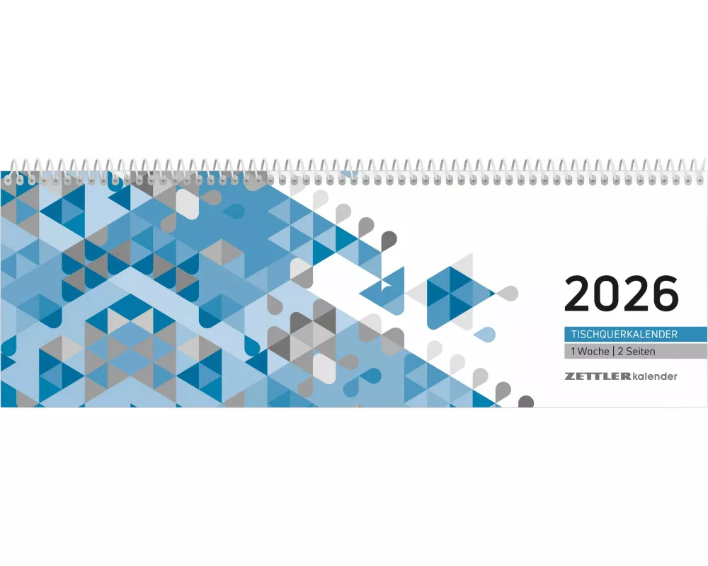 Zettler Tischquerkalender 1W/2S Blau 2026 – Bürokalender 30x10 cm, Wochenkalender mit 1 Woche auf 2 Seiten, 3-sprachigem Kalendarium, Spiralbindung &