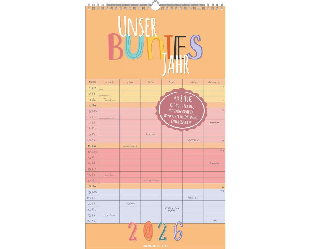 Alpha Edition - Unser buntes Jahr - 6 Spalten 2026 – Familienkalender 26×45 cm mit 6 Spalten & Feiertagen, praktischer Wandplaner für Familie, Schule