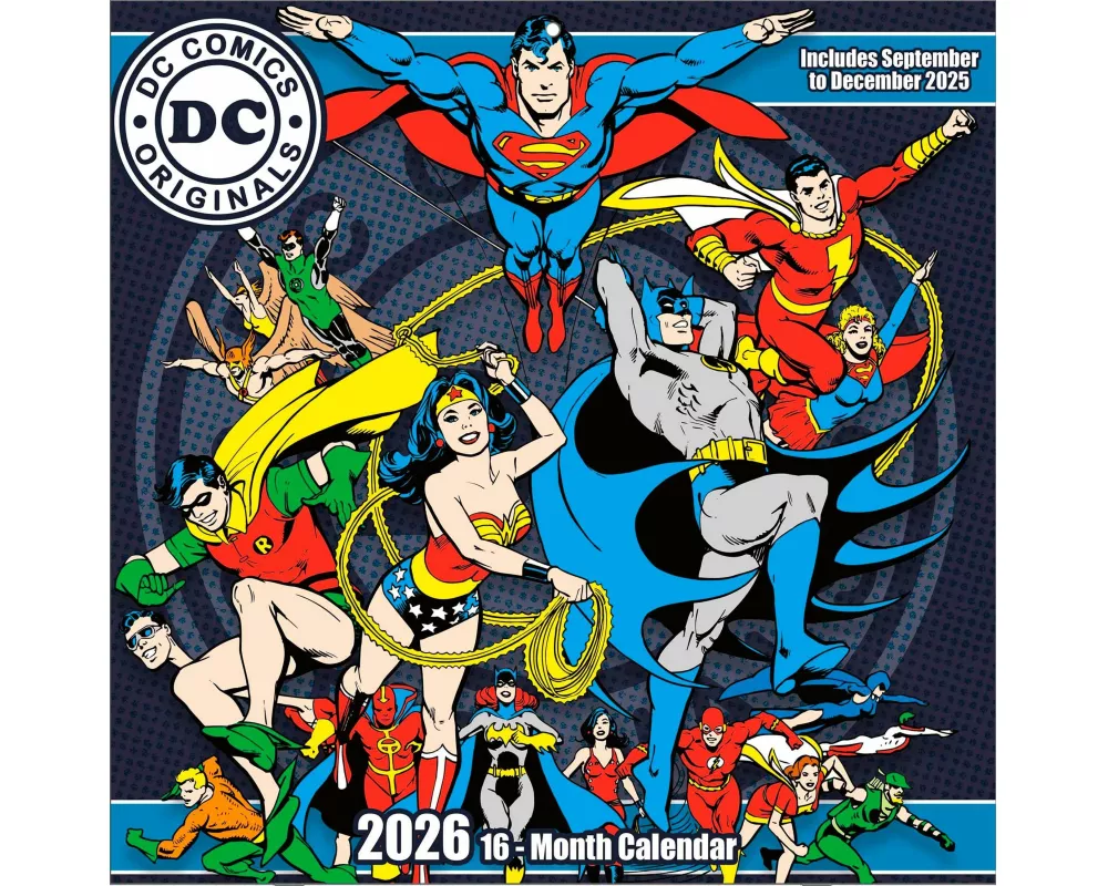 Pyramid - DC ORIGINALS 2026 – Broschürenkalender 30×30 cm mit klassischen Superhelden-Artworks – Wandkalender für Fans von Batman, Superman & Wonder W