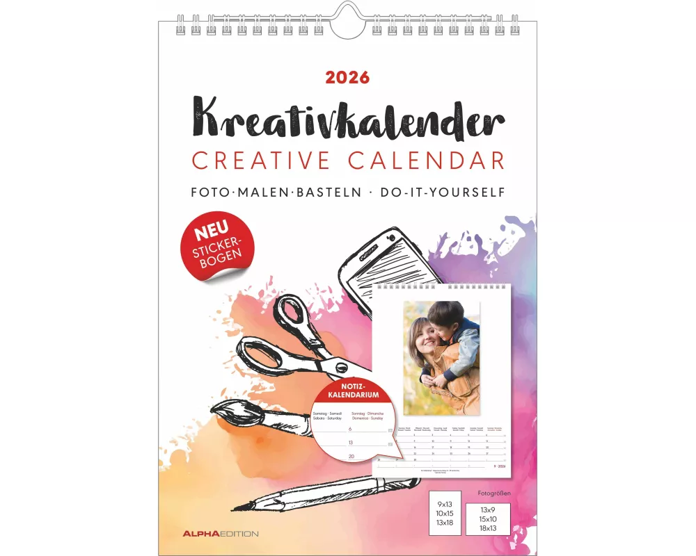 Alpha Edition - Kreativ-Kalender A4 Notiz 2026 – Bastelkalender (21×29,7 cm) mit Platz für Fotos & Notizen, weißer Hintergrund, ideal zum Malen & Bast