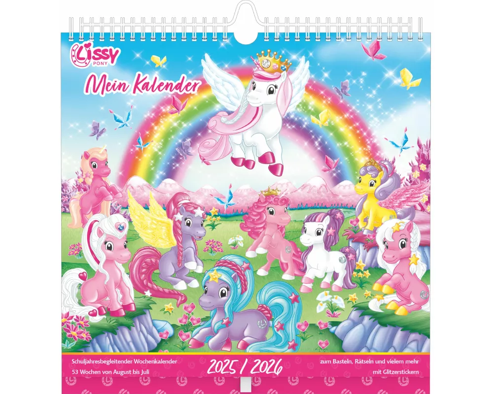 Lissy Pony - Lissy Pony Kalender 2026 – Bastel- und Rätselkalender 31×31 cm mit 53 Blättern & Glitzerstickern, Kreativkalender für Kinder