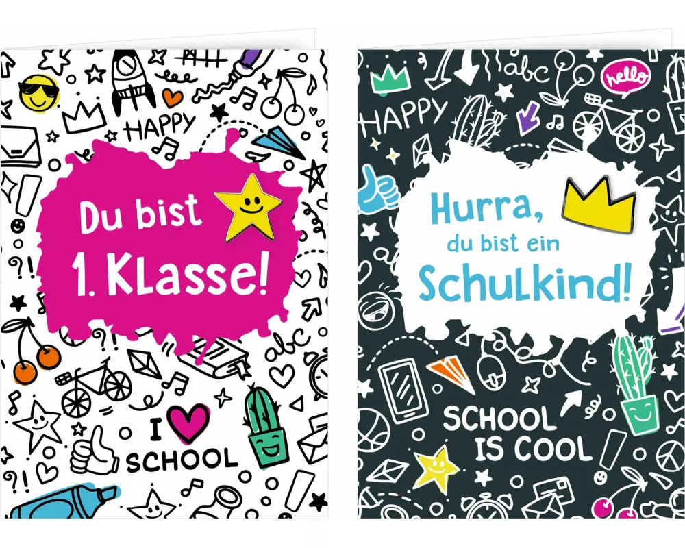Grußkarte mit Wegbegleiter-Pin – Du bist 1. Klasse / Hurra, du bist ein Schulkind!
