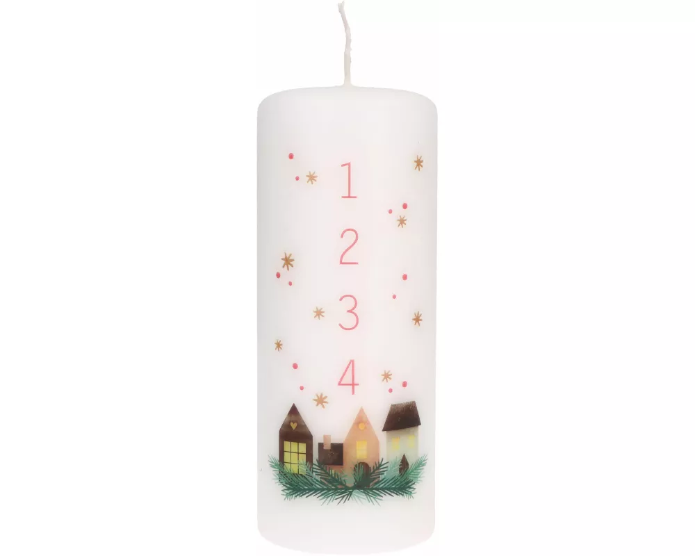 Butzon & Bercker Stumpenkerze Adventskerze - weiße Wachs-Kerze mit Druckmotiv, Höhe 15 cm, Brenndauer ca. 45 Stunden, festliche Dekoration für die Adv