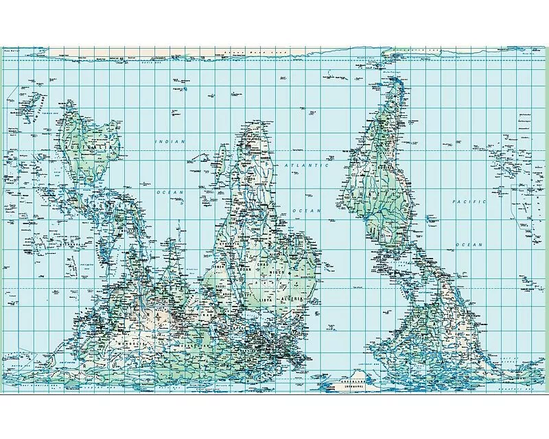 Physische Weltkarte Petersprojektion, südorientiert und pazifikzentriert, Englisch(130 x 82 cm)