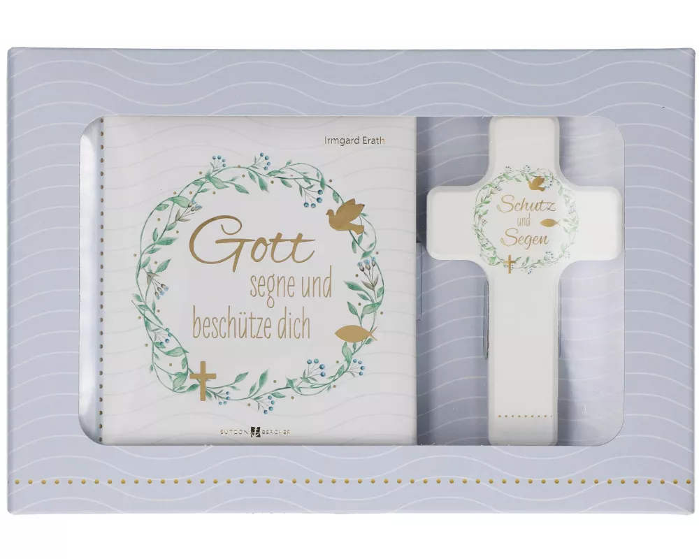 Butzon & Bercker Geschenkset zur Taufe 15 x 22 x 2 cm – Holzkreuz aus Buchenholz weiß lackiert mit Taufspruch, gebundenes Buch 11 x 11 cm, Lieferung i