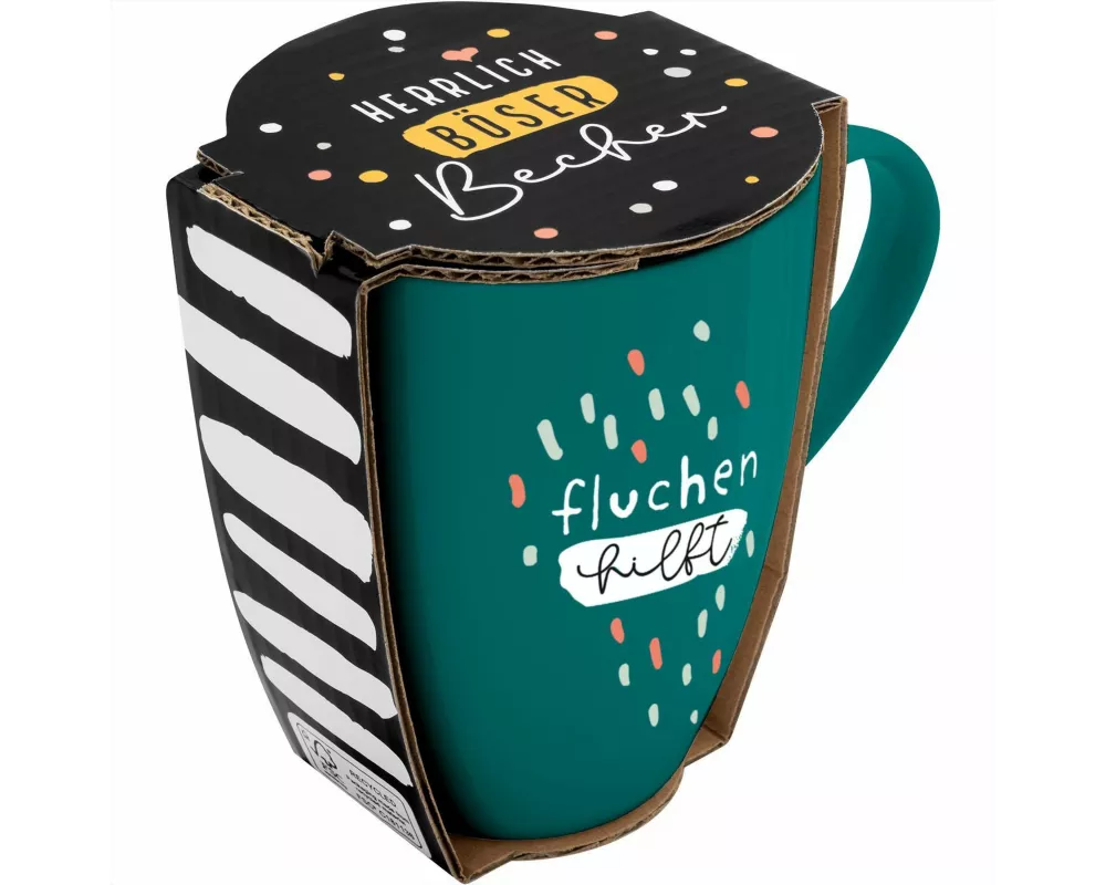 Tasse mit Motivdruck "fluchen hilft", mit Banderole