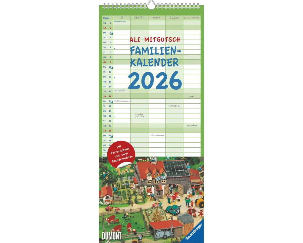 DUMONT - Ali Mitgutsch Familienkalender 2026 – Wandkalender 22x50 cm – Familienplaner mit 5 Spalten & Wimmelbildern des Kinderbuchklassikers