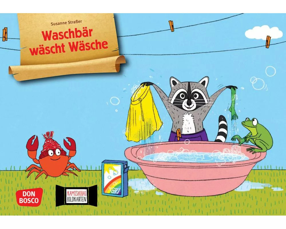 Waschbär wäscht Wäsche. Kamishibai Bildkartenset