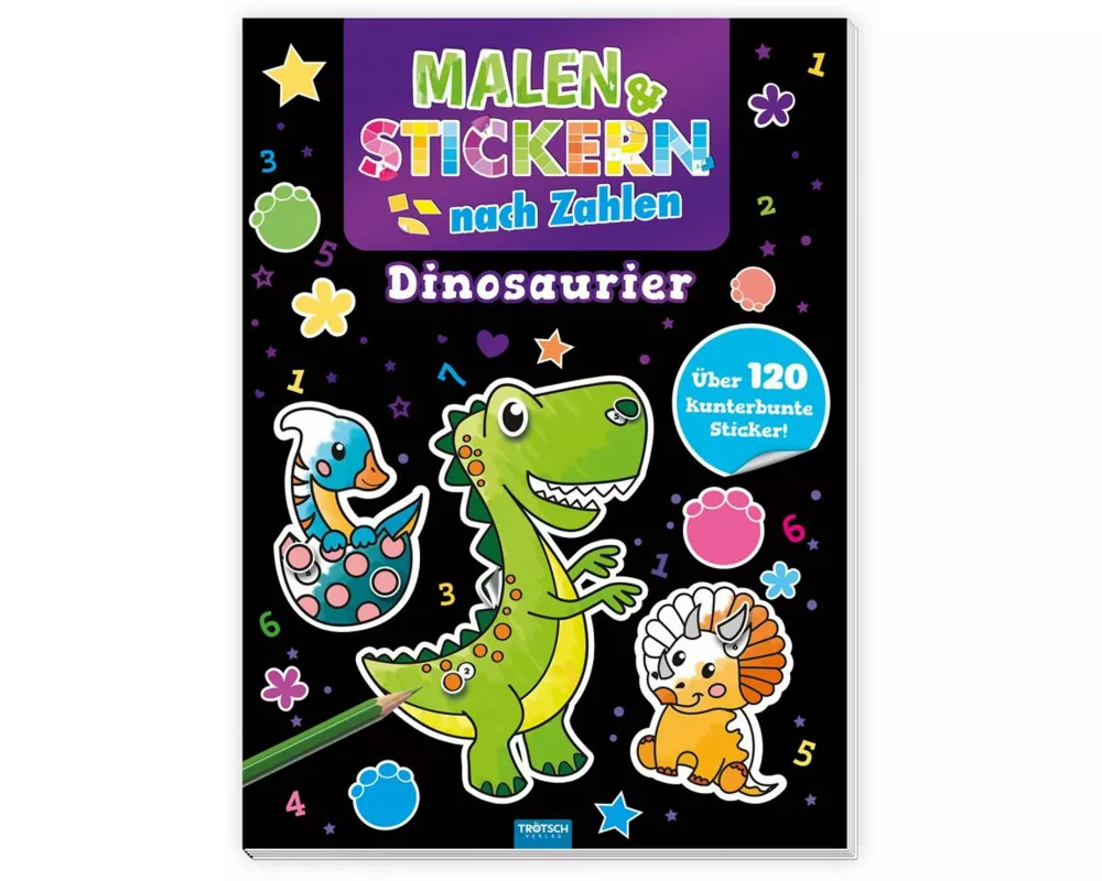 Trötsch Beschäftigungsbuch Malbuch Malen und Stickern nach Zahlen Dinosaurier