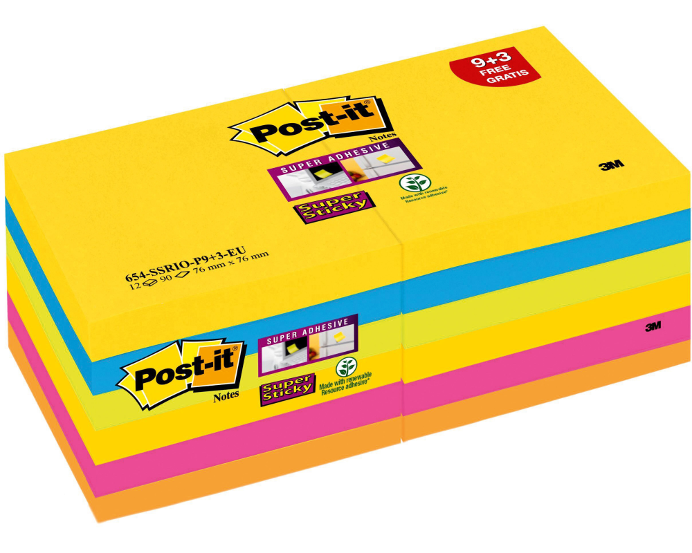 POST-IT Super Sticky Notes 76x76mm 654-SS-CARN-P8+4 Carnival 5 farben 12x90 Blatt