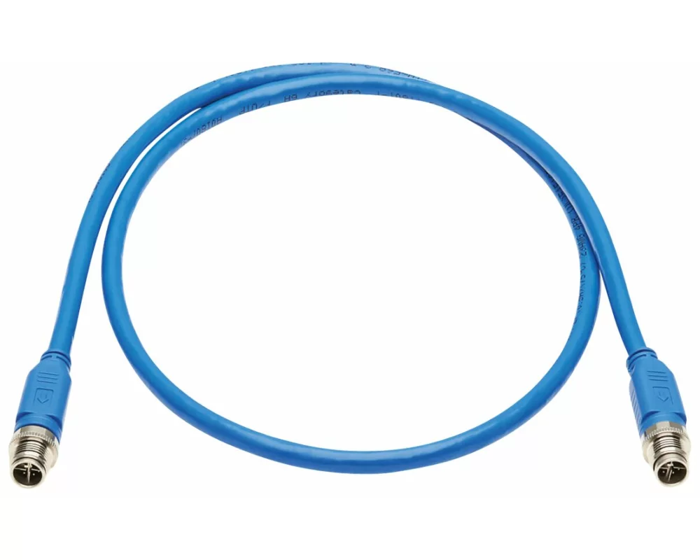 EATON TRIPPLITE M12, X-Code, Cat6a, 10G, F/UTP, CMR-LP, Shielded Ethernet Cable, M/M, IP68, PoE, Blue, 1m 3.3 ft.