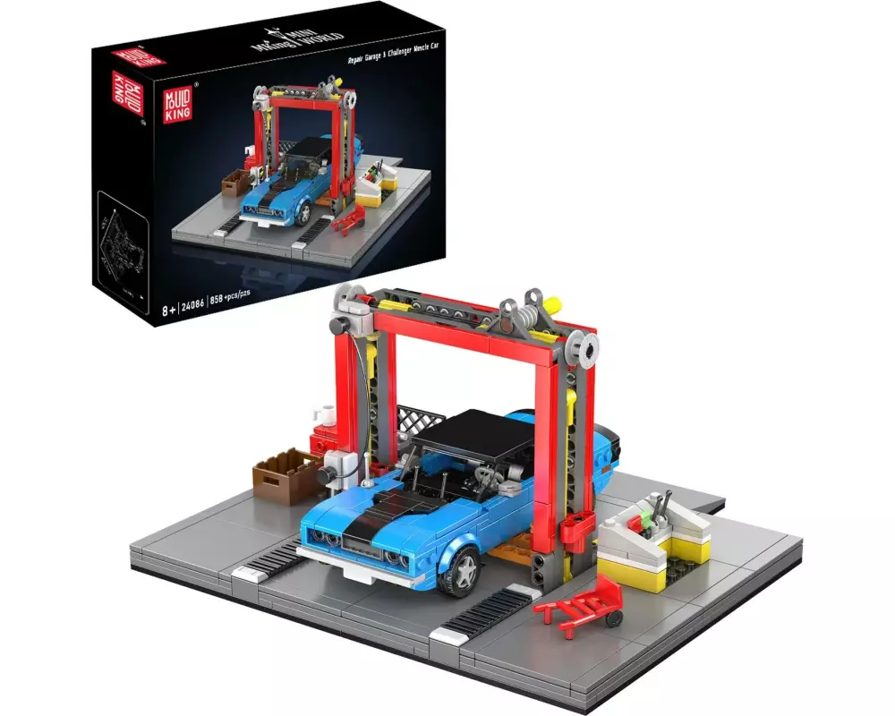 Mould King Werkstatt und Challenger Muscle Car Werkstatt-Diorama