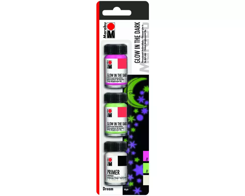 Marabu Effektfarbe Glow in the Dark 3 x 15 ml, Grün, Pink, Weiss