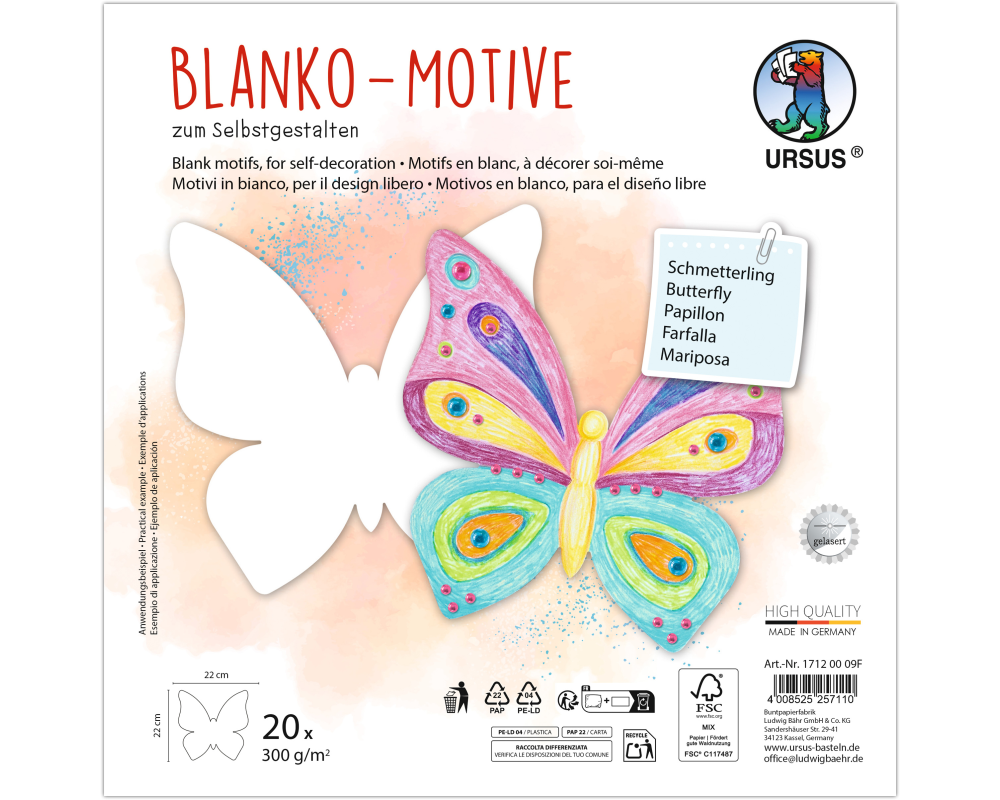 URSUS Blanko Motive 23x23cm 17120009F Schmetterling 20 Blatt