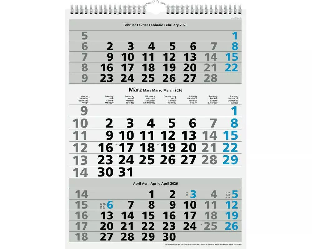 Simplex 3-Monatskalender mit Spiralbindung 2026, 31 x 40 cm, Blau