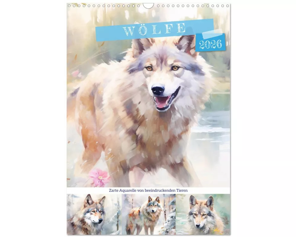 Wölfe. Zarte Aquarelle von beeindruckenden Tieren (Wandkalender 2026 DIN A3 hoch), CALVENDO Monatskalender