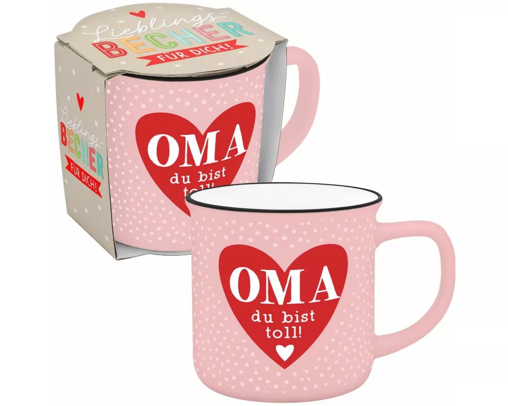Becher in Emailloptik "Oma du bist toll!"